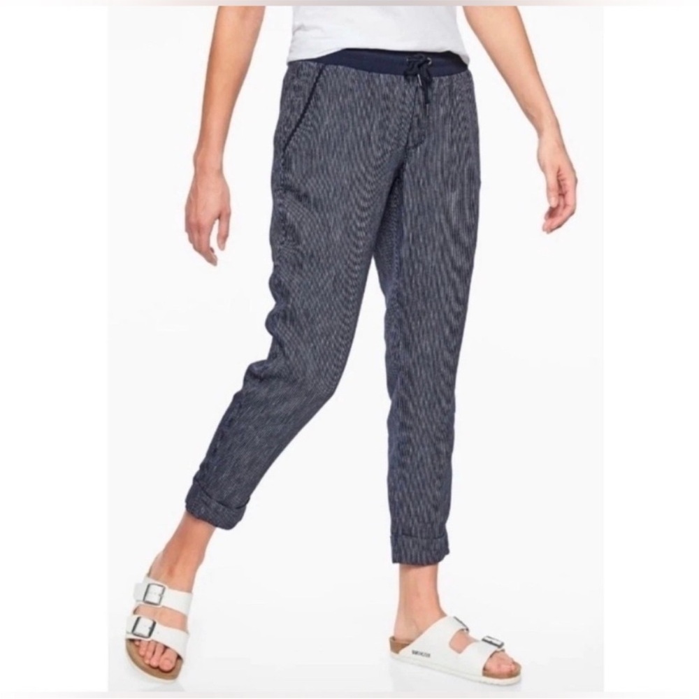 Athleta Stripe Bali Linen Ankle Pant Navy Cream Cuffed Pockets size 10